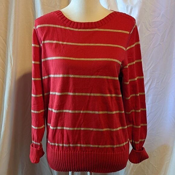 đNWTâWOMEN'SâSONOMA REDâANDâGLITTERYâSILVERâSTRIPEDâSWEATERâ-âXL - Picture 1 of 7